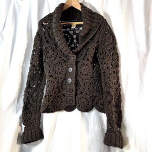 Catherine Malandrino Womens Crochet Knit Heavy Brown Sweater Sz M Medium